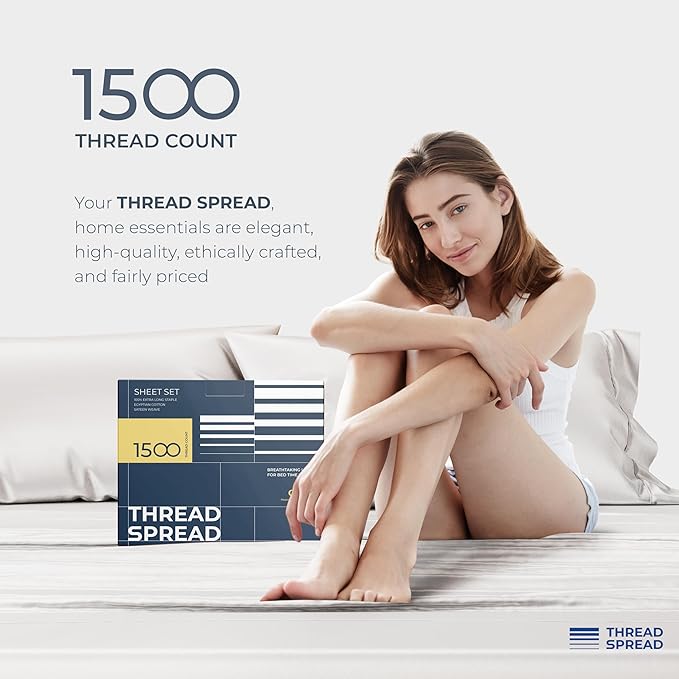 THREAD SPREAD 100% Egyptian Cotton Sheets California King Size - 1500 Thread Count 4 PC Cal King Sheets Egyptian Cotton, Cooling Sateen Sheet, High Thread Count Sheet California King - Light Grey