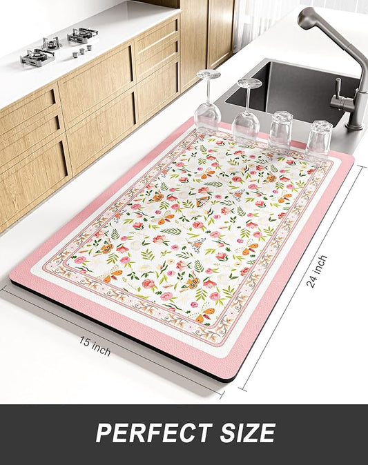 Rnivvi Dish Drying Mat for Kitchen Counter, XL 15 x 24" Cute Flower Theme - Image 2