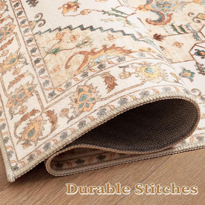 SERISSA Area Rug 3x5 Boho Light Yellow Rugs for Bedroom, Washable Non-Slip Kitchen Rugs, Ultra Soft Print Distressed Entry Rug Low-Pile Throw Rug Carpet for Bedroom Nursery Living Room Dorm Decor