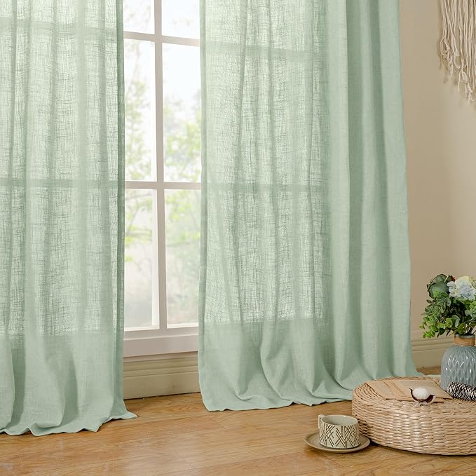 LAMIT Semi Sheer Window Linen Curtains 63 Inch Length, Light Filtering Panels Back Tab and Rod Pocket Country Decor Drapes for Bedroom/Living Room, Fresh Green, 2 Panels, 34 x 63 Inch