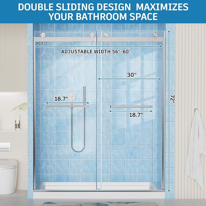 Frameless Shower Door, 56-60" W x 72" H Double Sliding Shower Doors, 1/4" Thick - Image 7