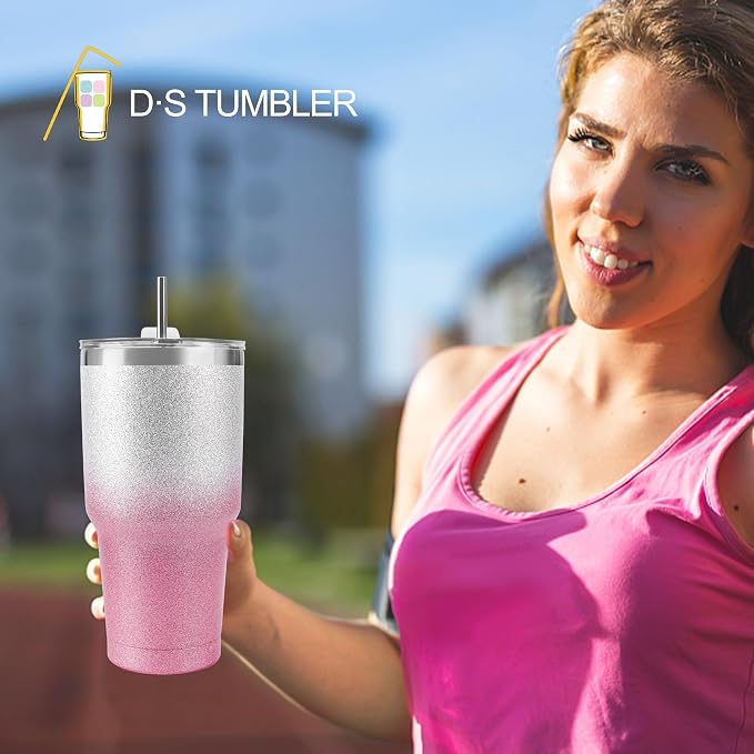 D·S 30 oz Tumbler Pink Glitter Gradient Cup Stainless Steel Double Wall Vacuum - Image 7