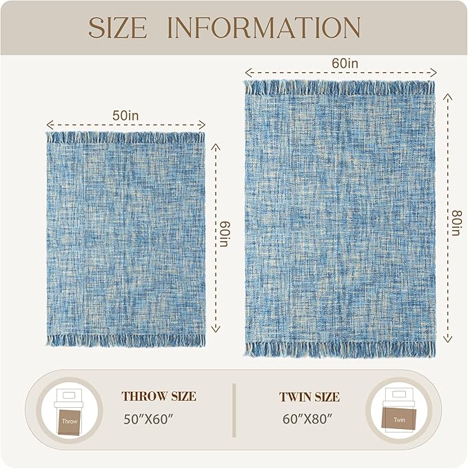 Multi-Color Light Blue Cable Knitted Throw Blanket for Couch,60"X80" Boho Style Textured Blankets for Home Decor,Super Soft Warm Cozy Chunky Knit Blanket with Decorative Tassels for Bed