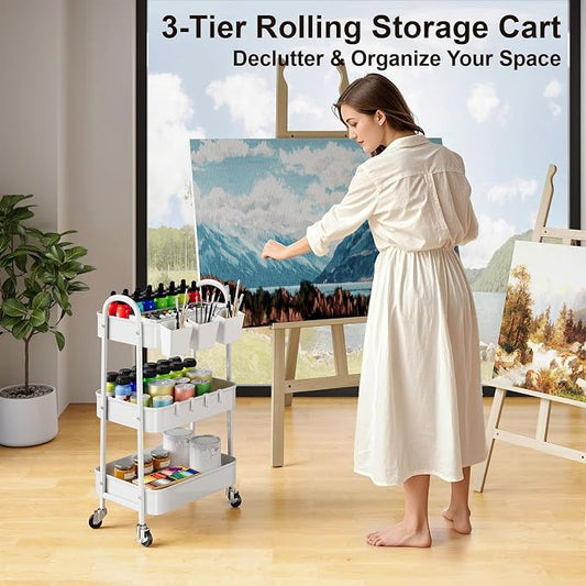3 Tier Heavy Duty White Metal Rolling Cart - Image 2