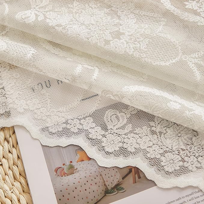 Ivory Vintage Country Floral Lace Sheer Curtains 63 Inches Long -Rod Pocket Light Filtering French Privacy Scalloped Edges Rod Pocket Boho Bedroom ,52 x 63 Inch, 2 Panels