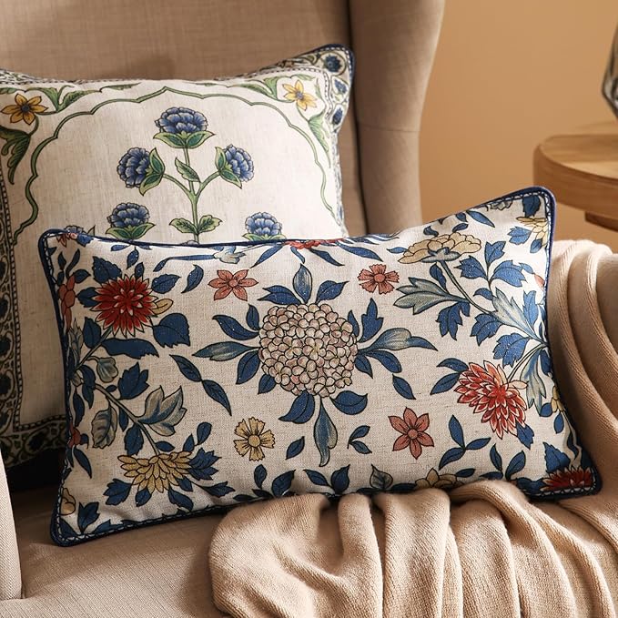 patdrea Designer Throw Pillow Covers,Euro Elegant Linen with Colorful Blooming Floral Pattern Pillow Cover,Decorative Lumbar Pillowcases Cushion for Bed Living Room Outdoor Car,12"x20"