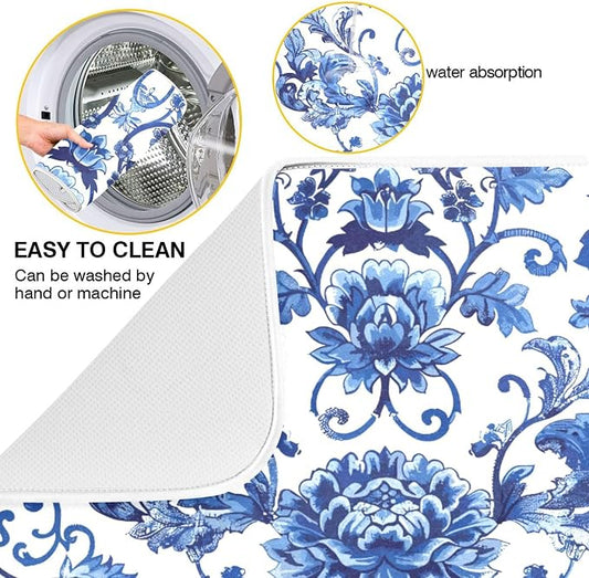 Blue White Porcelain Peony Dish Drying Mat - Image 2