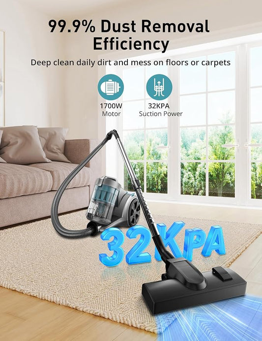 Aspiron 1700W Canister Vacuum Cleaner, 32Kpa Bagless Vacuum Cleaner, 2 - Image 2