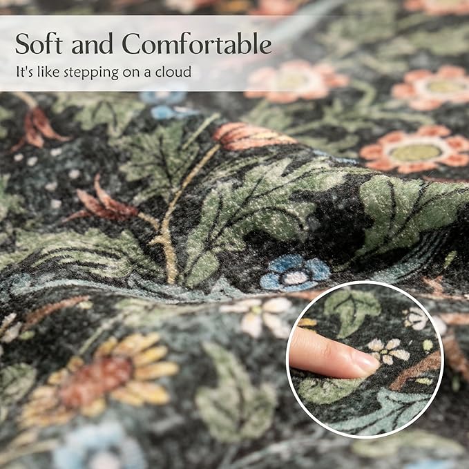 MUJOO 2x3 Washable Rug,Floral Small Area Rugs for Bathroom Entryway Entry Bedroom Bedside,Boho Front Door Mat Indoor Entrance Throw Carpet Botanical Vintage Non Slip Ultra-Thin Black and Green