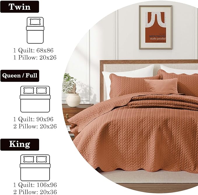 IR Imperial Rooms California King Quilt Bedding Set Size (118"x106") + 2 Pillow Shams (20" x 36"+ 2") - 3 Pcs All Season Reversible Microfiber Coverlet Embossed Quilt Bedspread (Rust)