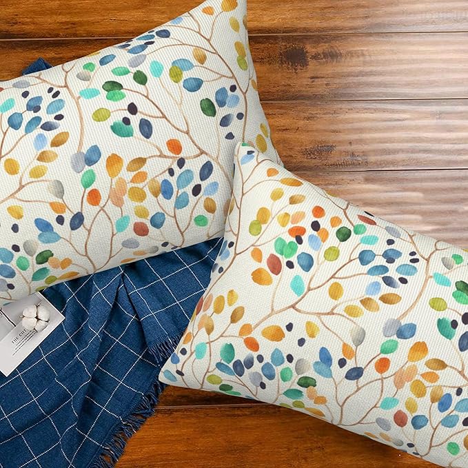 Throw Pillow Covers Colorful Leaves Spots Pillow Covers 20x12 Inch Set of 2 Boho Floral Throw Pillows Decorative Pillow Cases Cushion Covers for Bedroom Livingroom Sofa Farm House