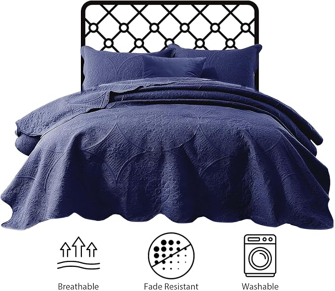 IR Imperial Rooms Twin Quilt Bedding Set Size (68” x 86”) + 1 Pillow Shams (20” x 26” + 2”) - 2 Pcs All Season Lightweight Reversible Microfiber Coverlet Floral Embossed Quilt Bedspread (Blue)