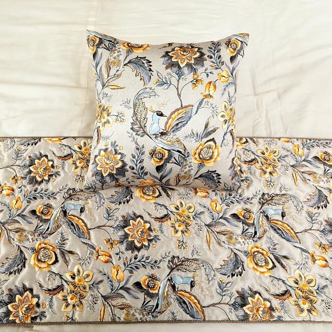The HomeCentric King/Queen/Twin Grey & Yellow Decorative King 90"x18" Bed Runner with 2 Pillow Cover, Peacock, Quilted & Tassels Bed Scarf on Satin Fabric - Peacock Swag