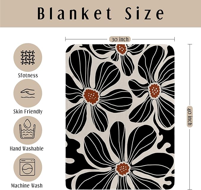 HIWX Boho Abstract Floral Kids Blanket, Boho Floral Blankets, Modern Bohemia Black Flower Throw Blanket for Kids Girls Nursery Toddler Room Bedroom Home Office Couch Bed Decor, 40x30 Inches