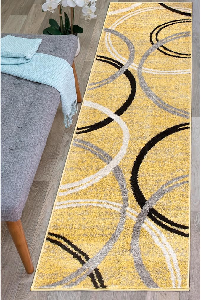 Rugshop Wavy Circles Design Runner Rug, Non-Shedding Carpet for Hallway, Entryway, or Kitchen, Yellow, 2' x 10'