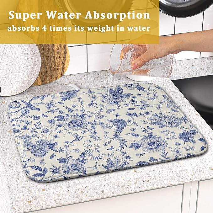 Giwawa Chinoiserie Flower Dish Drying Mat Blue Leaves Dishes Drying Pad - Image 7