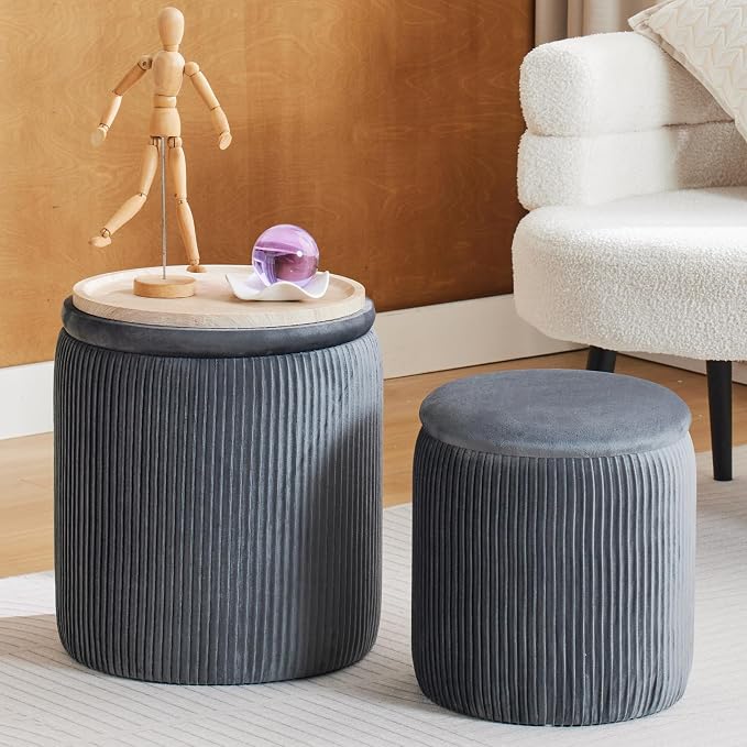 Round Ottoman with Storage Set of 2-Upholstered Velvet Vanity Stool - Image 6