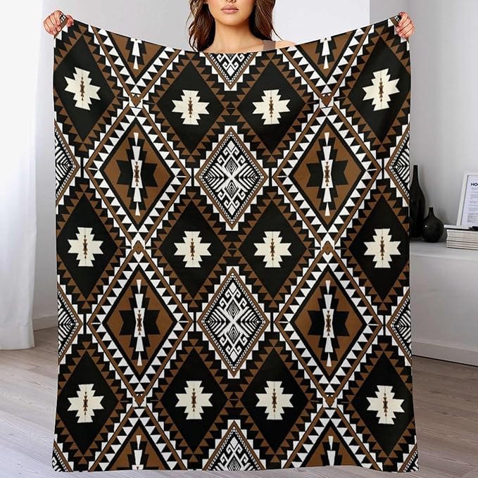 Rustic Western Throw Blanket, Southwestern Bohemian Ethnic Style Native Aztec Pattern Flannel Blanket for Sofa Bed, All Seasons 30"x40"
