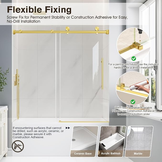 Bathtub Shower Door Frameless, 55-60" W x 60" H Sliding Tub Shower Door - Image 9