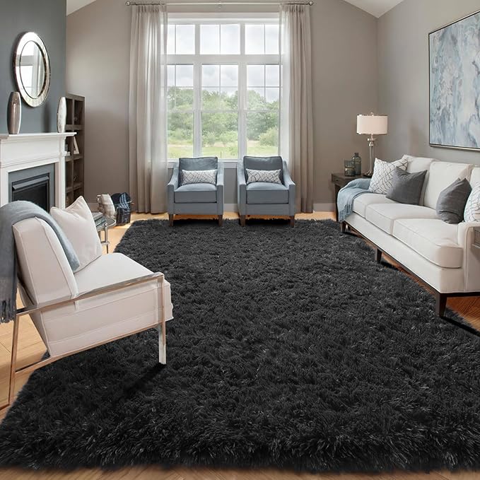 ONASAR Black Area Rugs for Bedroom Living Room, Fluffy Fuzzy Shaggy 4x6 Bedside Rug, Washable Soft Plush Modern Indoor Floor Carpet for Nursery Kids Girls Boys Teen Dorm Home Office Decor Aesthetic