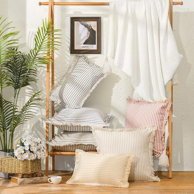 ZWJD Throw Christmas Pillow Covers 26x26 Set of 2 Striped Pillow Covers with Fringe Chic Cotton Decorative Pillows Square Cushion Covers for Sofa Couch Bed Living Room Farmhouse Decor