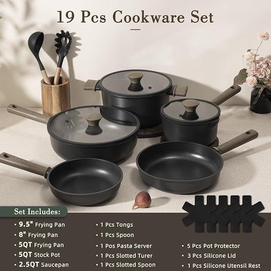 Astercook 19 Pcs Pots and Pans Set Non Stick, Non toxic Healthy Kitchen Cooking - Image 2