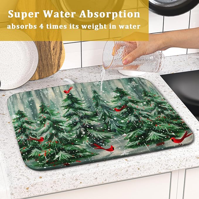 Winter Pine Tree Dish Drying Mat Red Bird Berry Dishes Drainer Mats Absorbent - Image 7