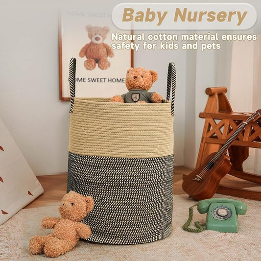 Large Woven Laundry Basket Hamper, 60L Cotton Rope Storage Bin - Image 2