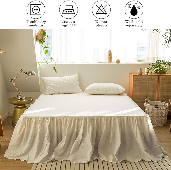 BISELINA French Linen Bed Skirt with Pleated Frills 22-Inch Tailored Drop Natural Flax Cotton Blend Dust Ruffle Soft Cozy Farmhouse Bedding (22" California King, Ruffle White)