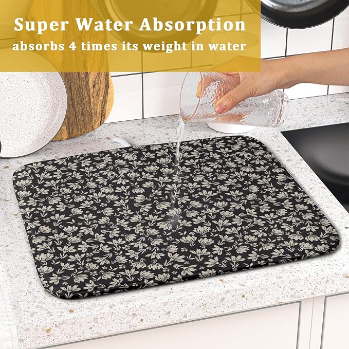 Floral Dish Drying Mat for Kitchen Counter 18x16 Inch Black Flower Drying Mat - Image 7