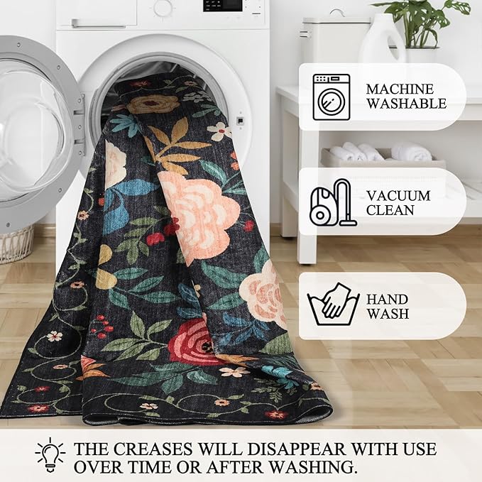 DUKINO 3x5 Area Rug, Floral Rugs for Living Room, Lightweight Non Slip Washable Rug, Indoor Low Pile & Non-Shedding Boho Design Rugs for Bedroom, Living Room, Dining Room, Black