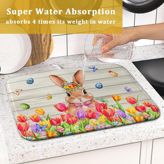 Easter Bunny Dish Drying Mat 16x18 inch Eggs Floral Fast Drying Pad Washable - Image 7