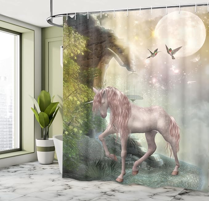 Ambesonne Hummingbirds Shower Curtain, Unicorn Green Spring Leaves Birds - Image 4