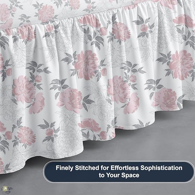 Cottington Lane Ruffled Bed Skirt Queen Size with Split Corner, Brushed Microfiber Hotel Quality Dust Ruffle, 12 Inch Drop Gathered Bedskirt, Soft, Stylish, Shrink & Fade Resistant, Blush Petals