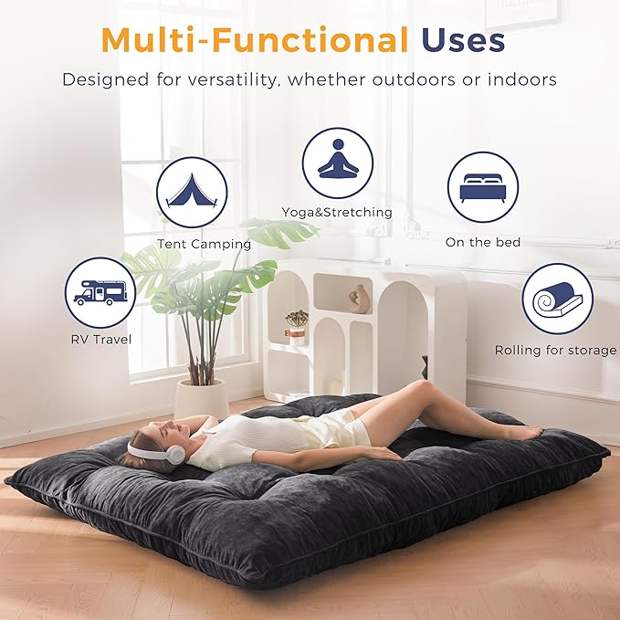 MAXYOYO Japanese Floor Mattress Queen Size, 6" Foldable Futon Mattress Tufted Roll Up Floor Bed, Thick Chenille Tatami Mat Sleeping Pad for Camping Guest Room Dormitory Bedroom RV, Black