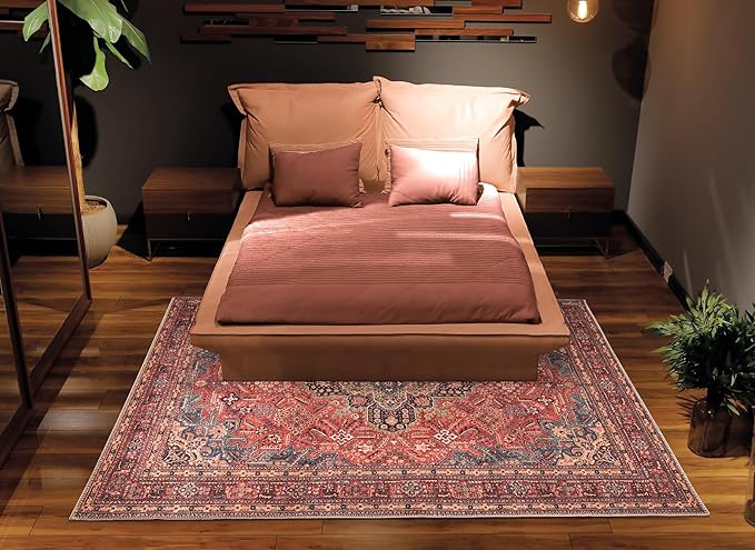 Bloom Rugs Washable Non-Slip 8' x 10' Rug - Red/Teal Blue/Yellow Traditional Medallion Area Rug for Living Room, Bedroom, Dining Room, and Kitchen - Exact Size: 8' x 10'
