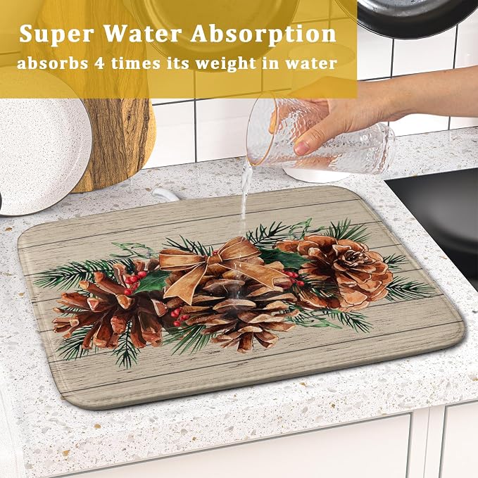 Winter Pine Cone Dish Drying Mat Holly Berries Dish Draining Mat Microfiber - Image 7