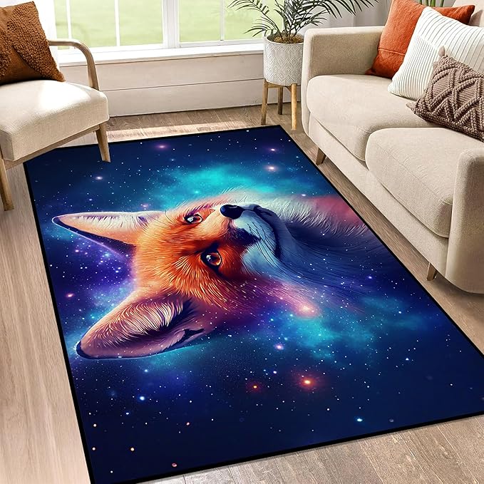 Galaxy Fox Rug 3D Cute Foxes Area Rugs for Bedroom Living Room Playroom Boys Kids Cartoon Colorful Carpet Glitter Stars Throw Rugs Floor Mat 63 in x 31 in