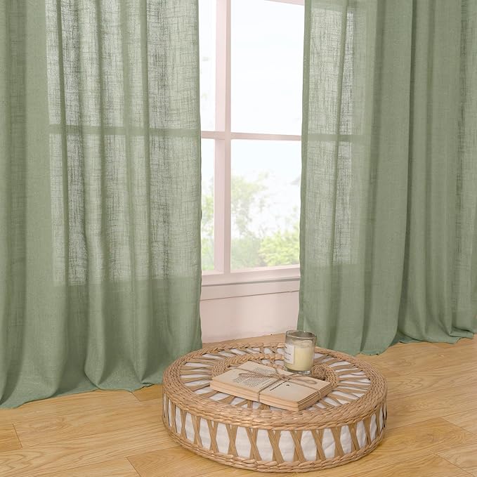 LAMIT Sage Green Linen Boho Curtains, 84 inch Length, 2 Panels, Light Filtering, Semi Sheer, Back Tab and Rod Pocket, Neutral Panels for Bedroom/Living Room, 34 x 84 Inch