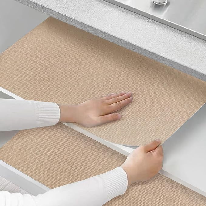 Shelf and Drawer Liner for Kitchen Cabinets Non-Adhesive, Strong Grip Non-Slip Thickened Cabinet Liners for Shelves, Waterproof Mats for Dresser Cupboard, Khaki, 17 in x 10 Feet