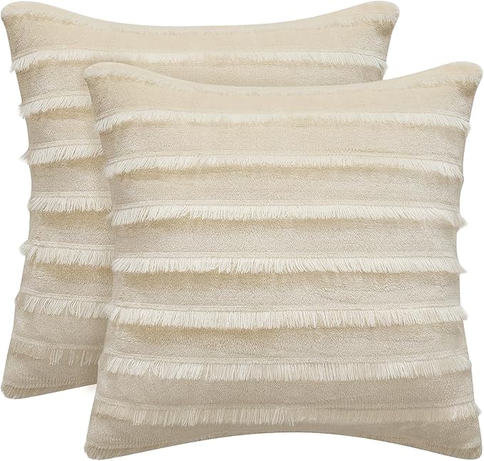 BEDELITE Velvet Pillow Covers 26x26 with Zipper, 2 Pack Super Soft Square Pillow Covers for Bedroom, Sofa, Luxury Cozy Fleece Pillowcases for All Seasons(26x26 Inches, Beige-Boho)