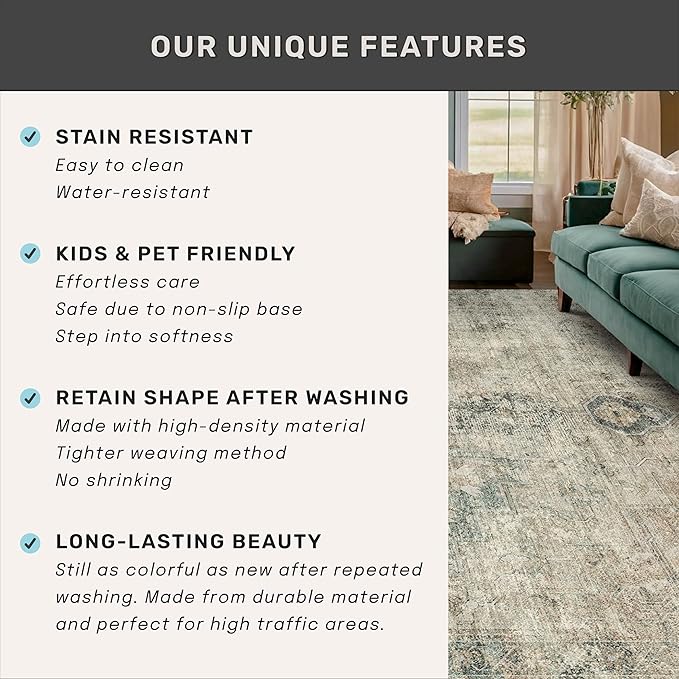 Washable Moss Green 9x12 Rug for Living Room -Modern Large Rug for Bedroom, Dining Room Under Table, Non Slip &Soft Low Pile Farmhouse Carpet