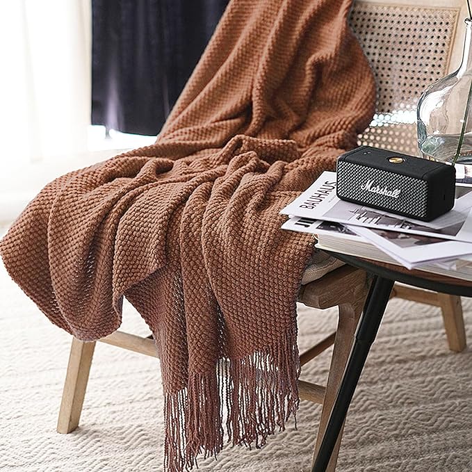 LOMAO Knitted Throw Blanket with Tassels Bubble Textured Lightweight Throws for Couch Cover Home Decor (Caramel, 50x60)
