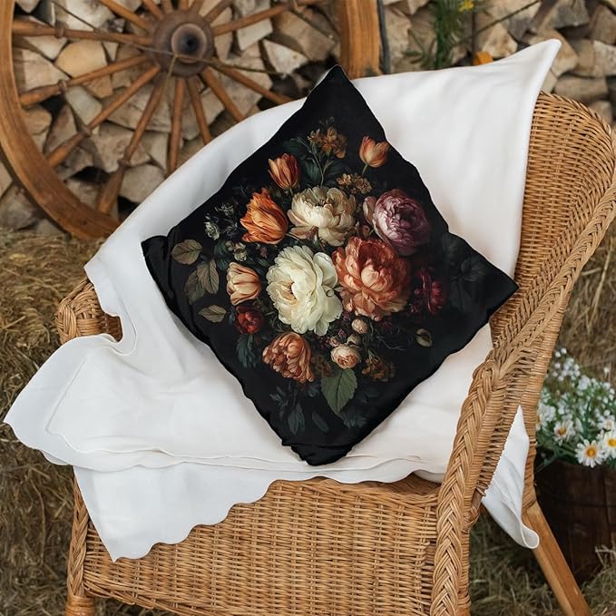 Vintage Floral Throw Pillow Covers, Vintage Flower Pattern Double Sided Cushion Cover, Indoor and Outdoor Home Art Decor Pillowcase for Sofa or Bedroom Decor 18x18inches (Black, 18x18inches)