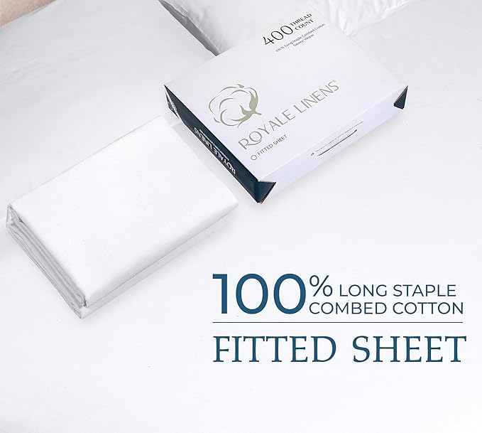 Royale Linen 400 Thread Count 100% American Grown Cotton Fitted Sheet Twin Size - All Around Elastic Fitted Sheet - Luxury Sateen Weave - Snug Fit Bottom Sheet Fit Up to 16" (Twin, Signature White)