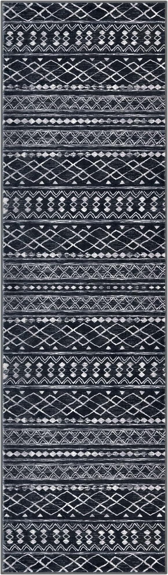 KUTA Boho Runners for Hallways 2x8 Black Moroccan Washable Runner Rug Non-Slip Vintage Kitchen Rugs Ultra Soft Distressed Geometric Floor Carpet for Bedroom Laundry Living Room