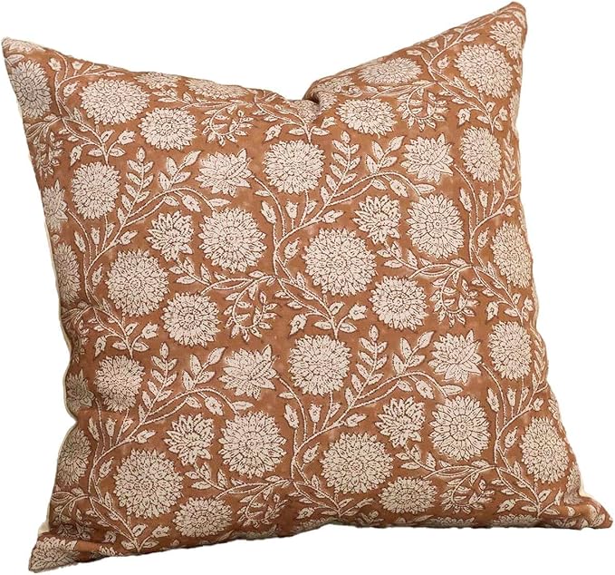 Amor Virisso Floral Throw Pillow Covers 18x18 Block Print Pillow Covers Vintage Neutral Couch Pillows for Living Room Farmhouse Decorative Accent Sofa Pillows, Brownish Orange