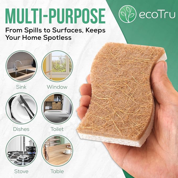 12 Pack Natural Kitchen Sponges, Compostable White Cellulose & Organic Coconut - Image 9