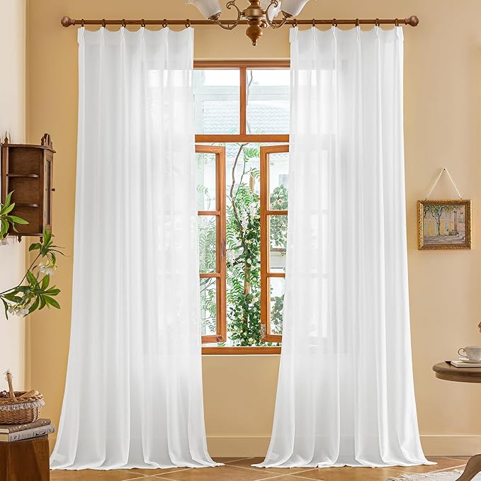 MAIHER 84 Inch Wide White Pinch Pleat Curtains 96 Inches Long for Living Room Sheer Pleated Drapes with Hooks Tree Branch Light Filtering 96 Inch Curtains for Patio, White, 84" W x 96" L, 2 Panels