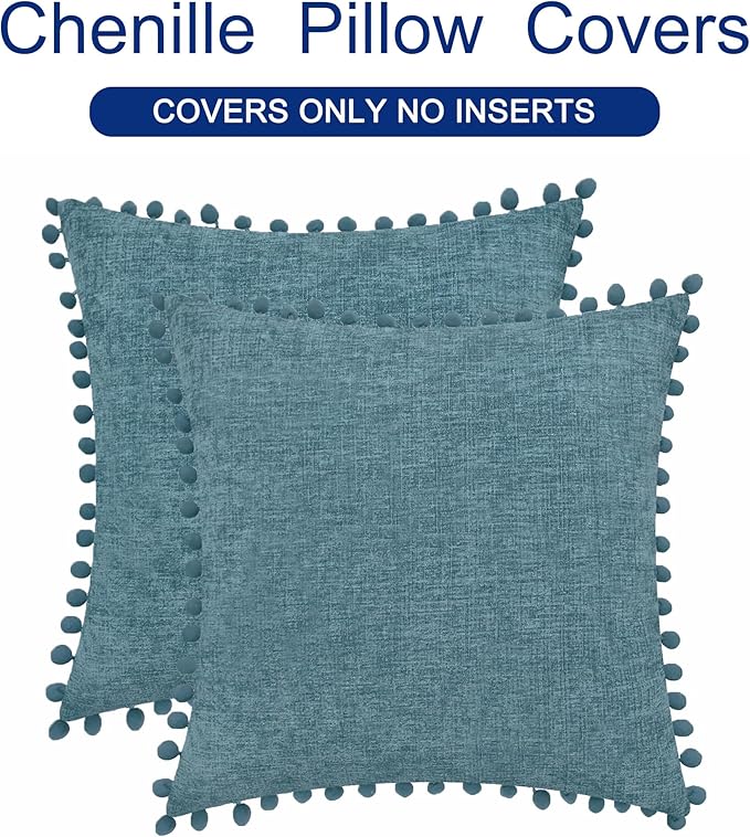 CaliTime Throw Pillow Covers Decorative 18 X 18 Inches Pack of 2 Cozy Solid Dyed Soft Chenille Cushion Cases with Pom Poms for Couch Sofa Bed Living Room Home Smoke Blue